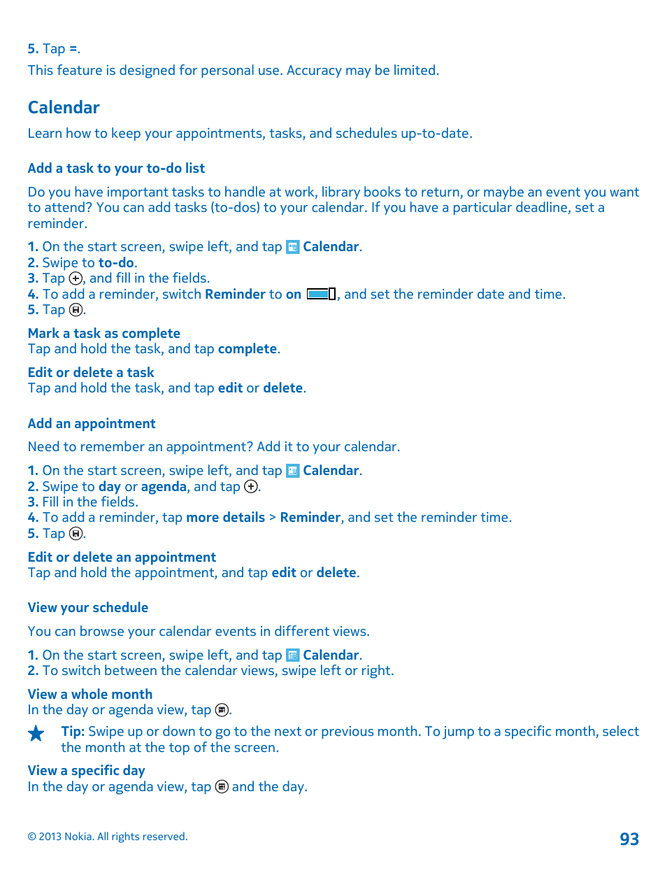 Calendar, Add a task to your to-do list, Add an appointment | View your schedule, Calendar 93 | Nokia Lumia 810 User Manual | Page 93 / 116