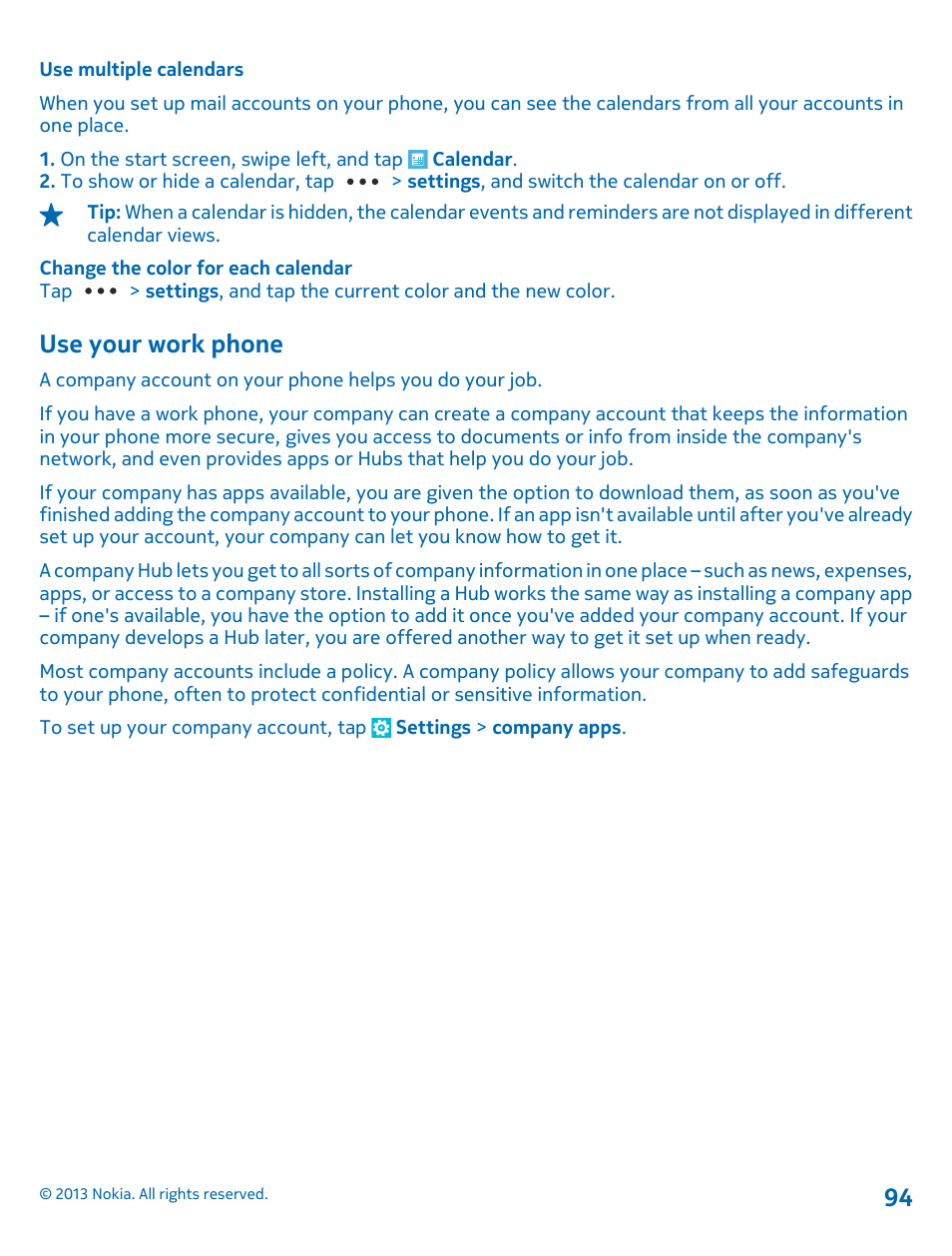 Use multiple calendars, Use your work phone | Nokia Lumia 810 User Manual | Page 94 / 116