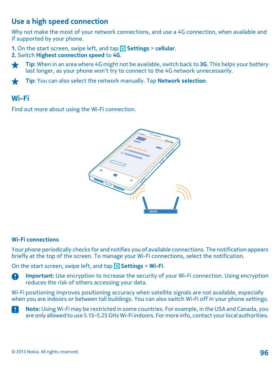 Use a high speed connection, Wi-fi, Wi-fi connections | Wi-fi 96 | Nokia Lumia 810 User Manual | Page 96 / 116