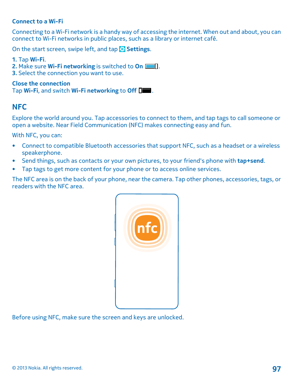Connect to a wi-fi, Nfc 97 | Nokia Lumia 810 User Manual | Page 97 / 116
