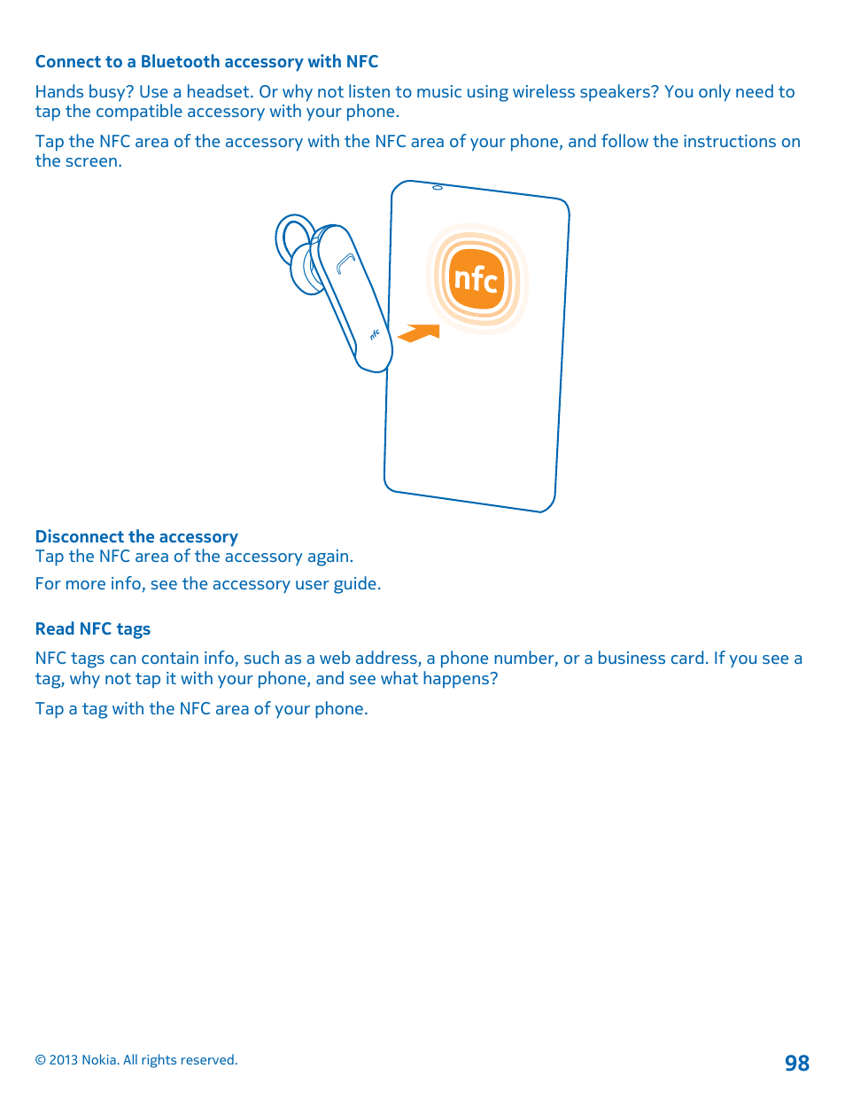 Connect to a bluetooth accessory with nfc, Read nfc tags | Nokia Lumia 810 User Manual | Page 98 / 116