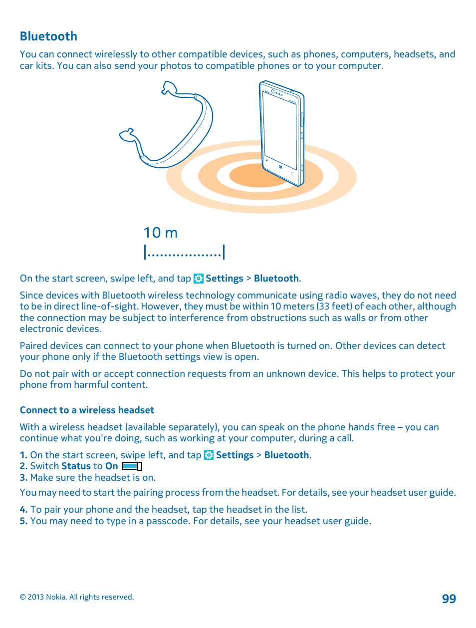 Bluetooth, Connect to a wireless headset, Bluetooth 99 | Nokia Lumia 810 User Manual | Page 99 / 116