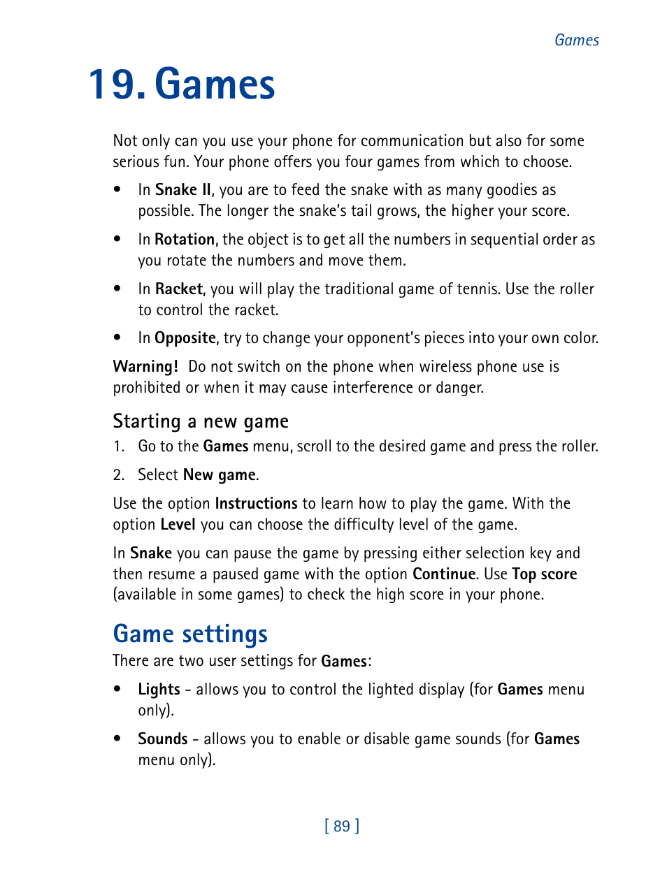 Games, Game settings | Nokia 7160 User Manual | Page 100 / 141