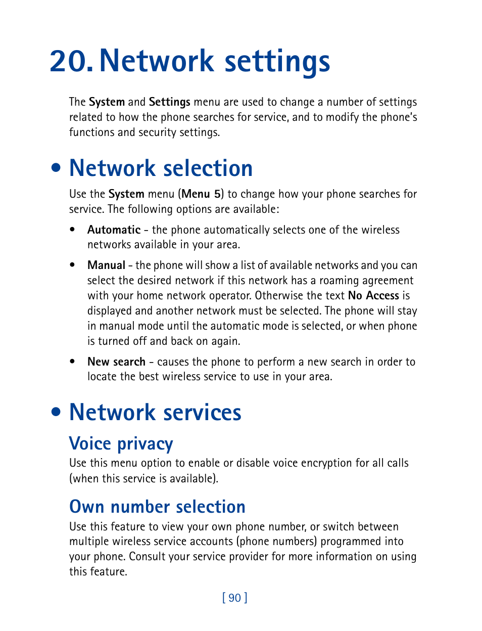 Network settings, Network selection, Network services | Voice privacy, Own number selection, Voice privacy own number selection | Nokia 7160 User Manual | Page 101 / 141