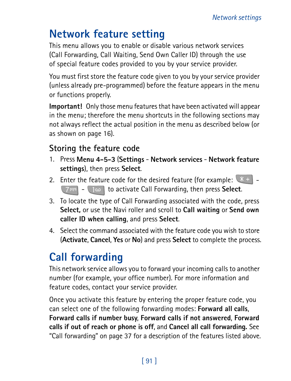 Network feature setting, Call forwarding | Nokia 7160 User Manual | Page 102 / 141