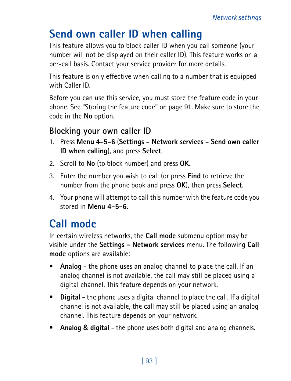 Send own caller id when calling, Call mode, Send own caller id when calling call mode | Blocking your own caller id | Nokia 7160 User Manual | Page 104 / 141