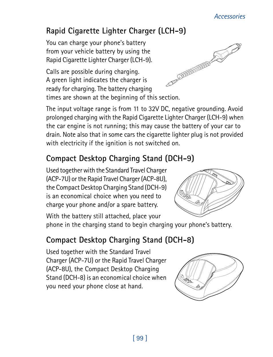 Rapid cigarette lighter charger (lch-9), Compact desktop charging stand (dch-9), Compact desktop charging stand (dch-8) | Nokia 7160 User Manual | Page 110 / 141