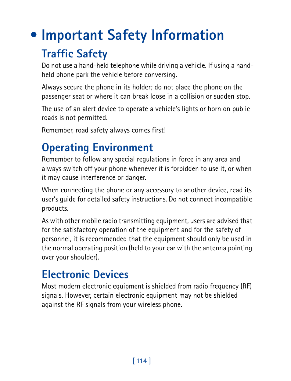 Important safety information, Traffic safety, Operating environment | Electronic devices | Nokia 7160 User Manual | Page 125 / 141