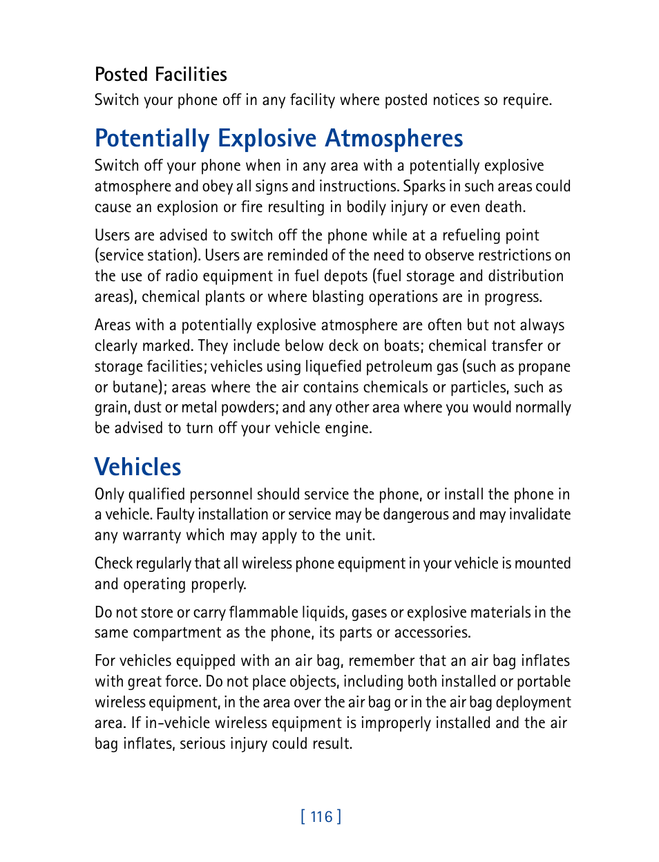 Potentially explosive atmospheres, Vehicles, Potentially explosive atmospheres vehicles | Nokia 7160 User Manual | Page 127 / 141