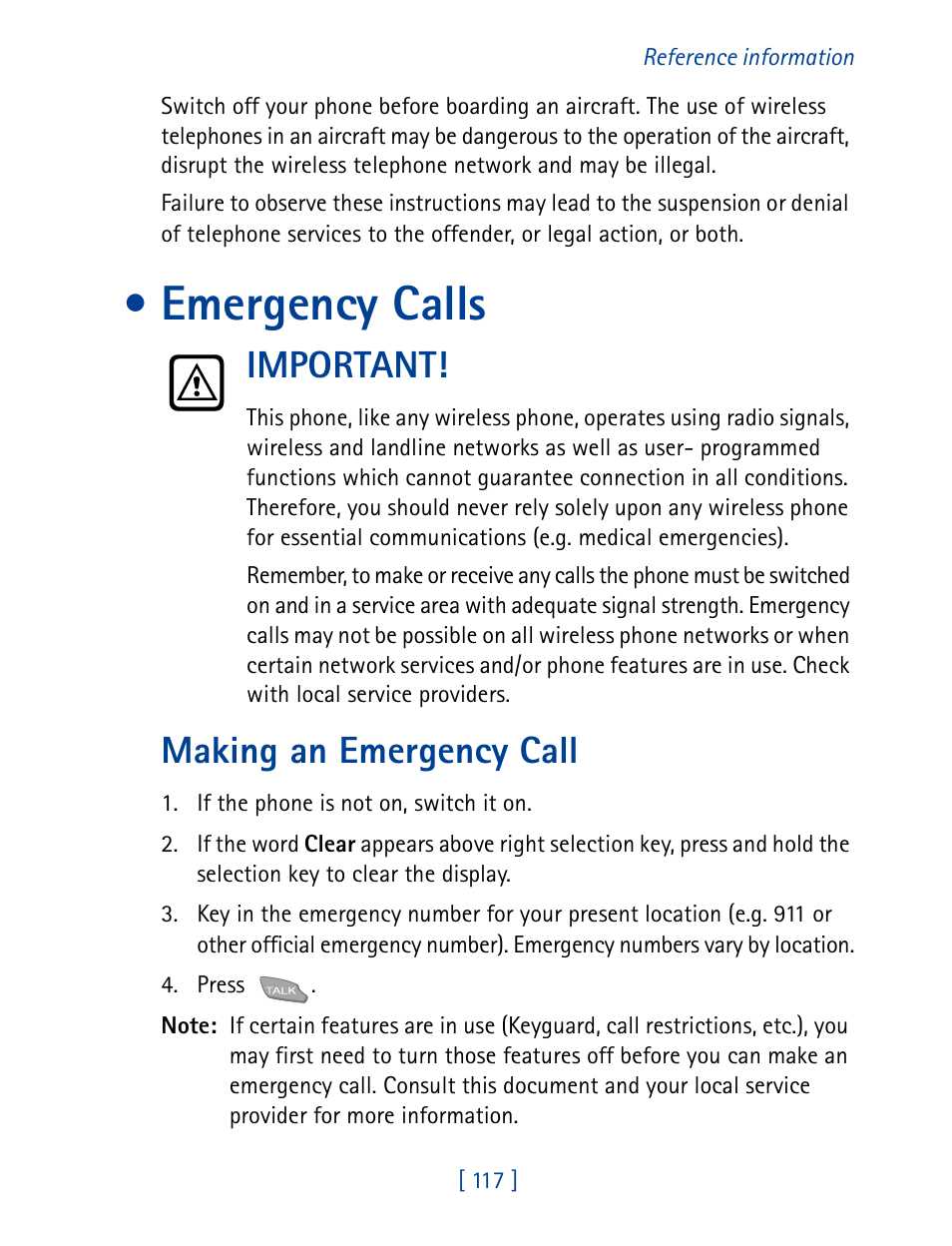 Emergency calls, Important, Making an emergency call | Important! making an emergency call | Nokia 7160 User Manual | Page 128 / 141