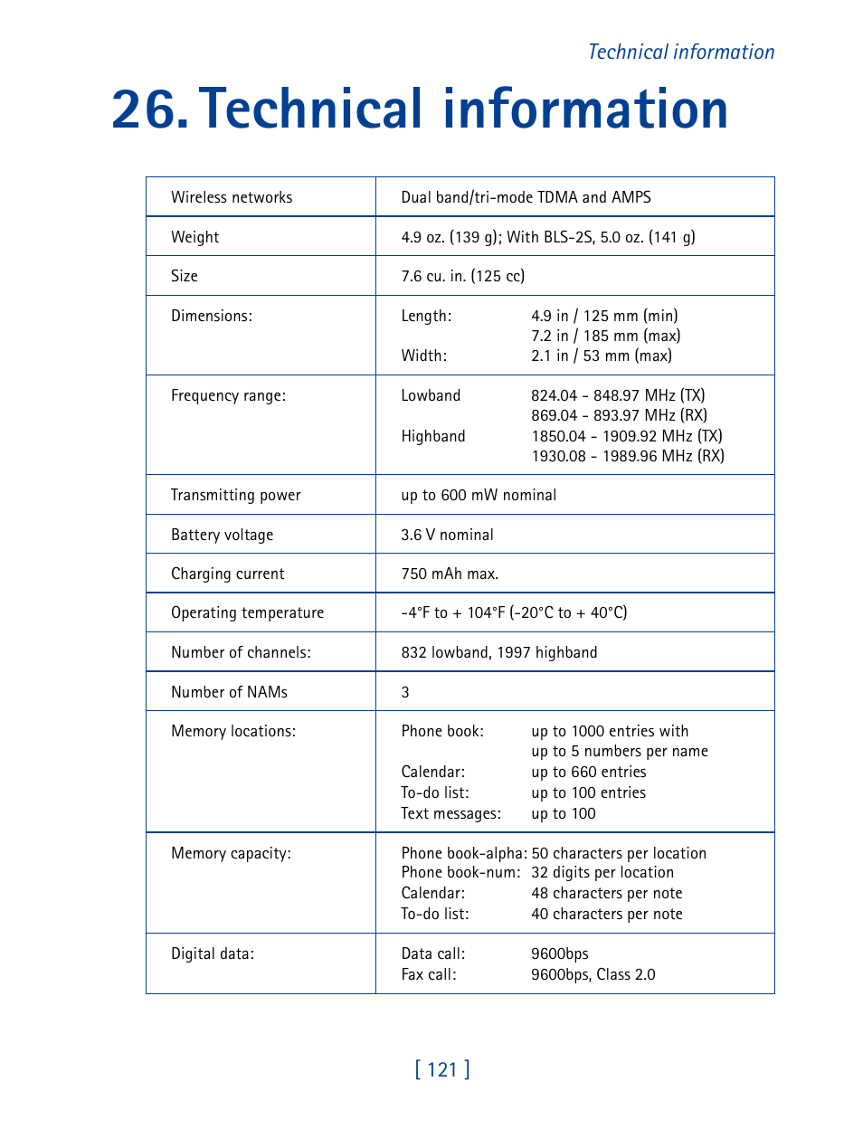 Technical information, 121 ] technical information | Nokia 7160 User Manual | Page 132 / 141
