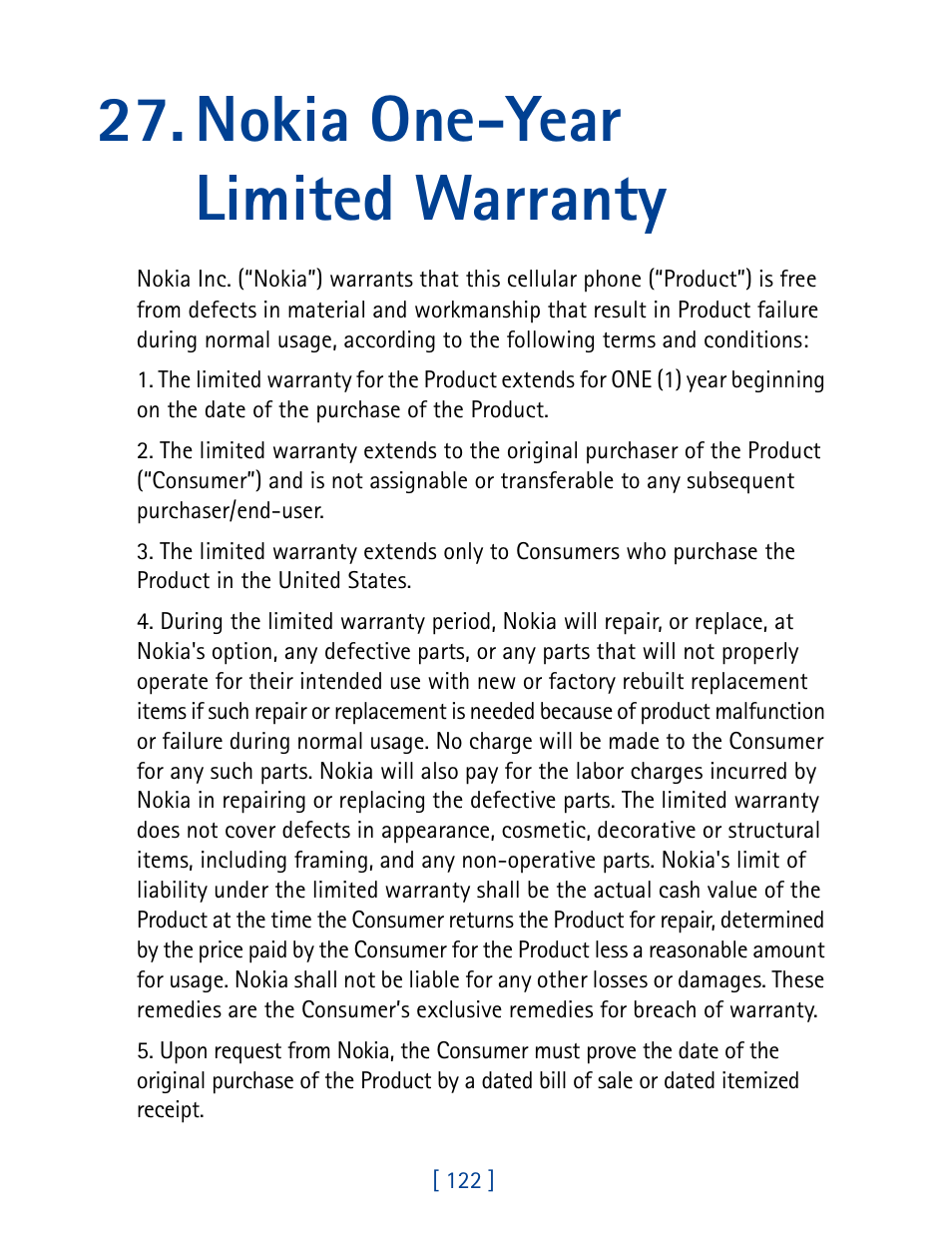 Nokia one-year limited warranty | Nokia 7160 User Manual | Page 133 / 141