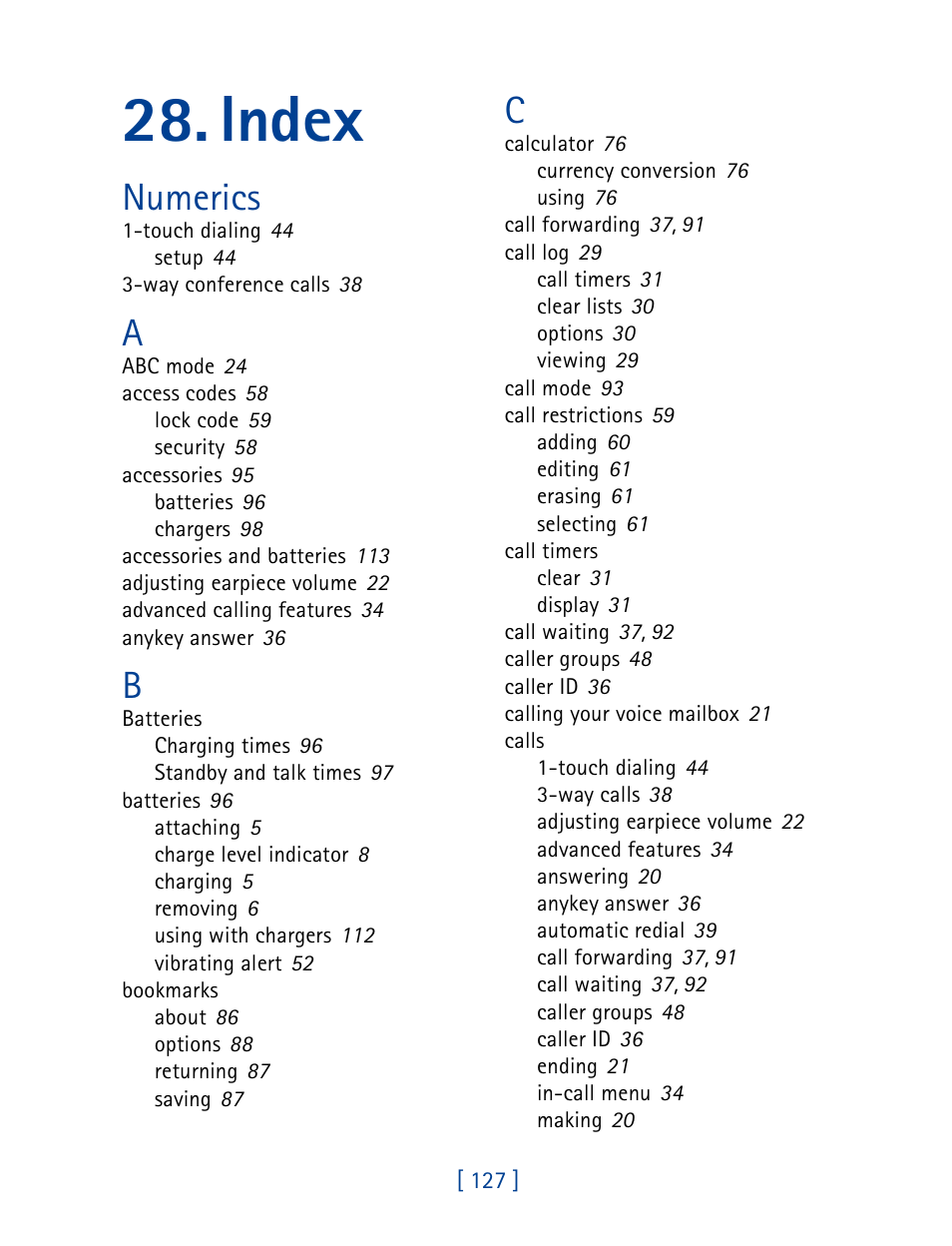 Index, Numerics | Nokia 7160 User Manual | Page 138 / 141