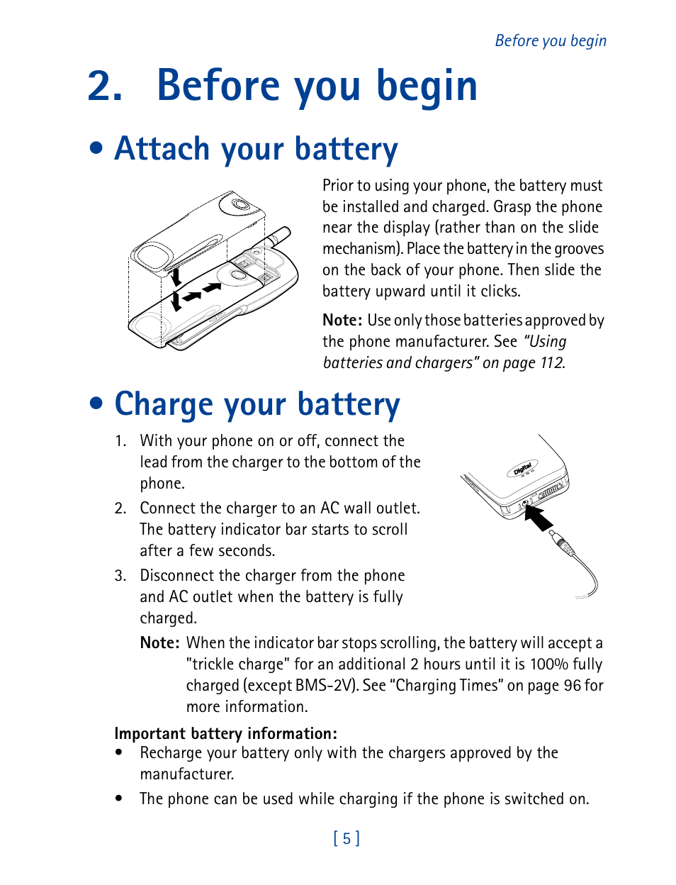 Before you begin, Attach your battery, Charge your battery | Nokia 7160 User Manual | Page 16 / 141