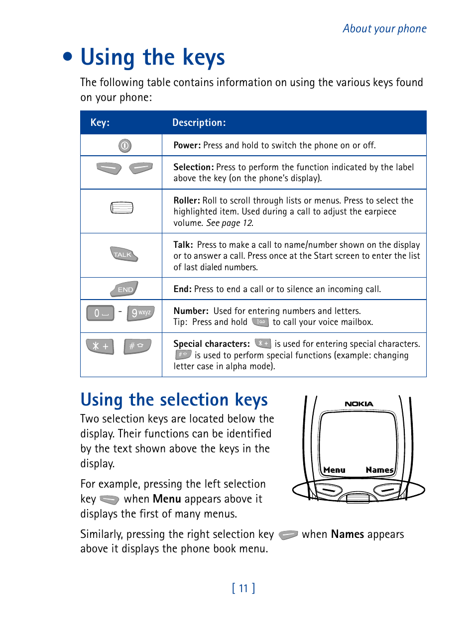 Using the keys, Using the selection keys | Nokia 7160 User Manual | Page 22 / 141