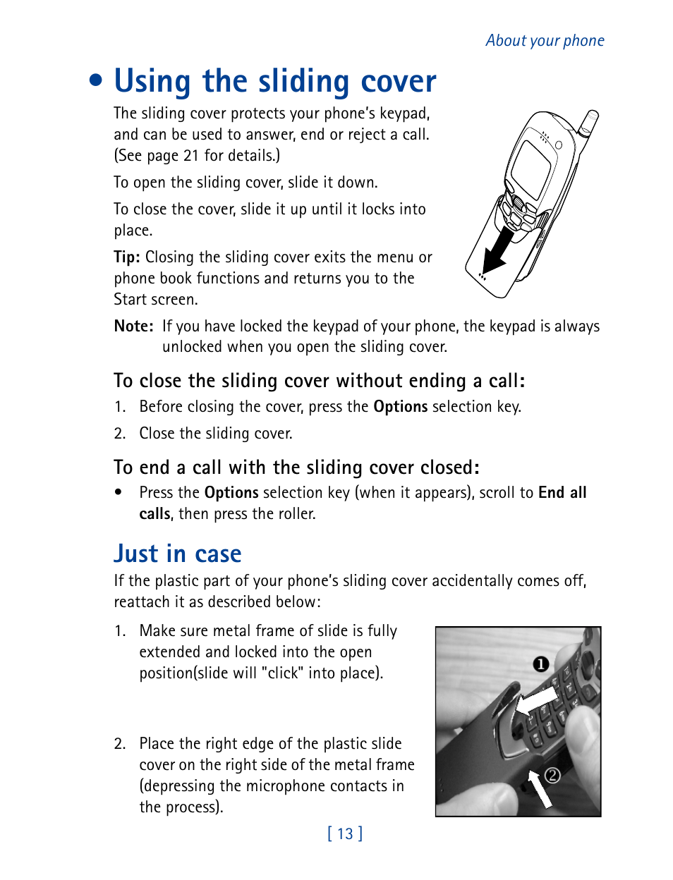 Using the sliding cover, Just in case | Nokia 7160 User Manual | Page 24 / 141