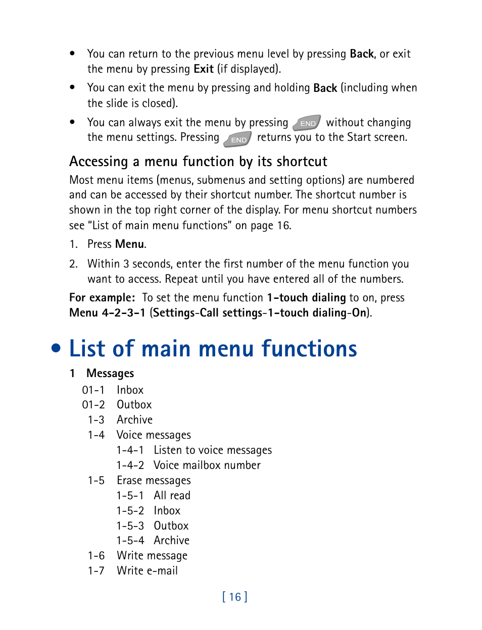 List of main menu functions, Accessing a menu function by its shortcut | Nokia 7160 User Manual | Page 27 / 141