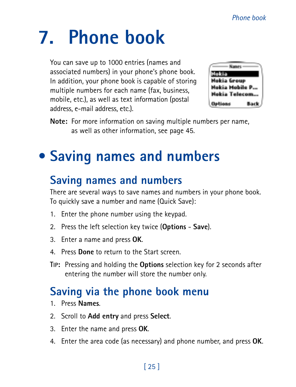 Phone book, Saving names and numbers, Saving via the phone book menu | Nokia 7160 User Manual | Page 36 / 141