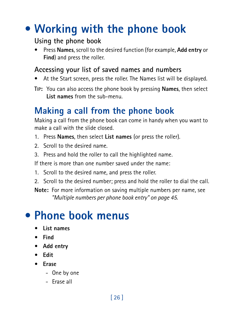 Working with the phone book, Making a call from the phone book, Phone book menus | Nokia 7160 User Manual | Page 37 / 141