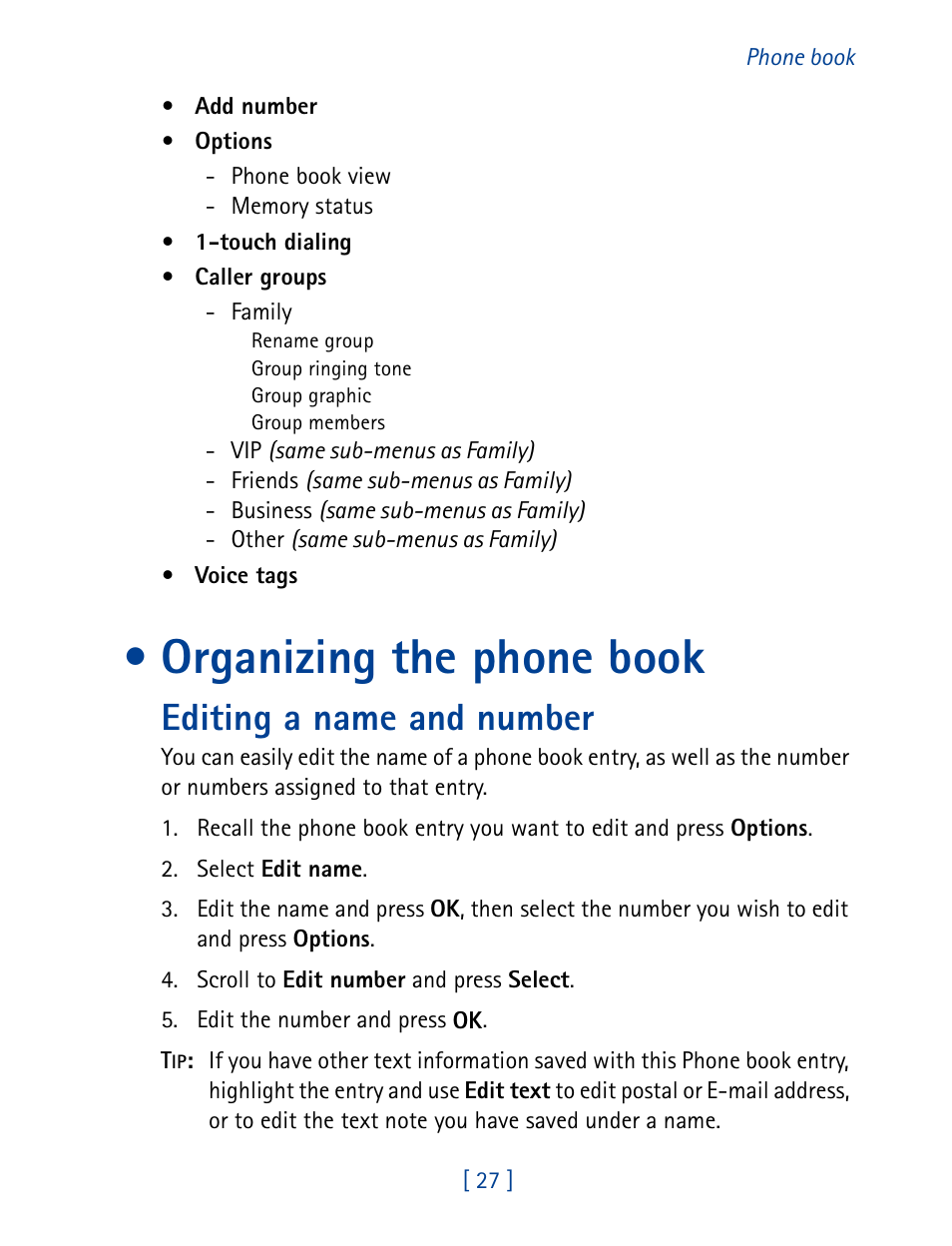 Organizing the phone book, Editing a name and number | Nokia 7160 User Manual | Page 38 / 141