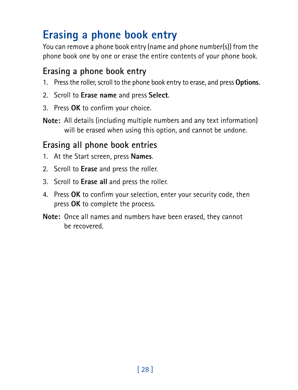 Erasing a phone book entry, Send own caller id with next call, Erasing all phone book entries | Nokia 7160 User Manual | Page 39 / 141
