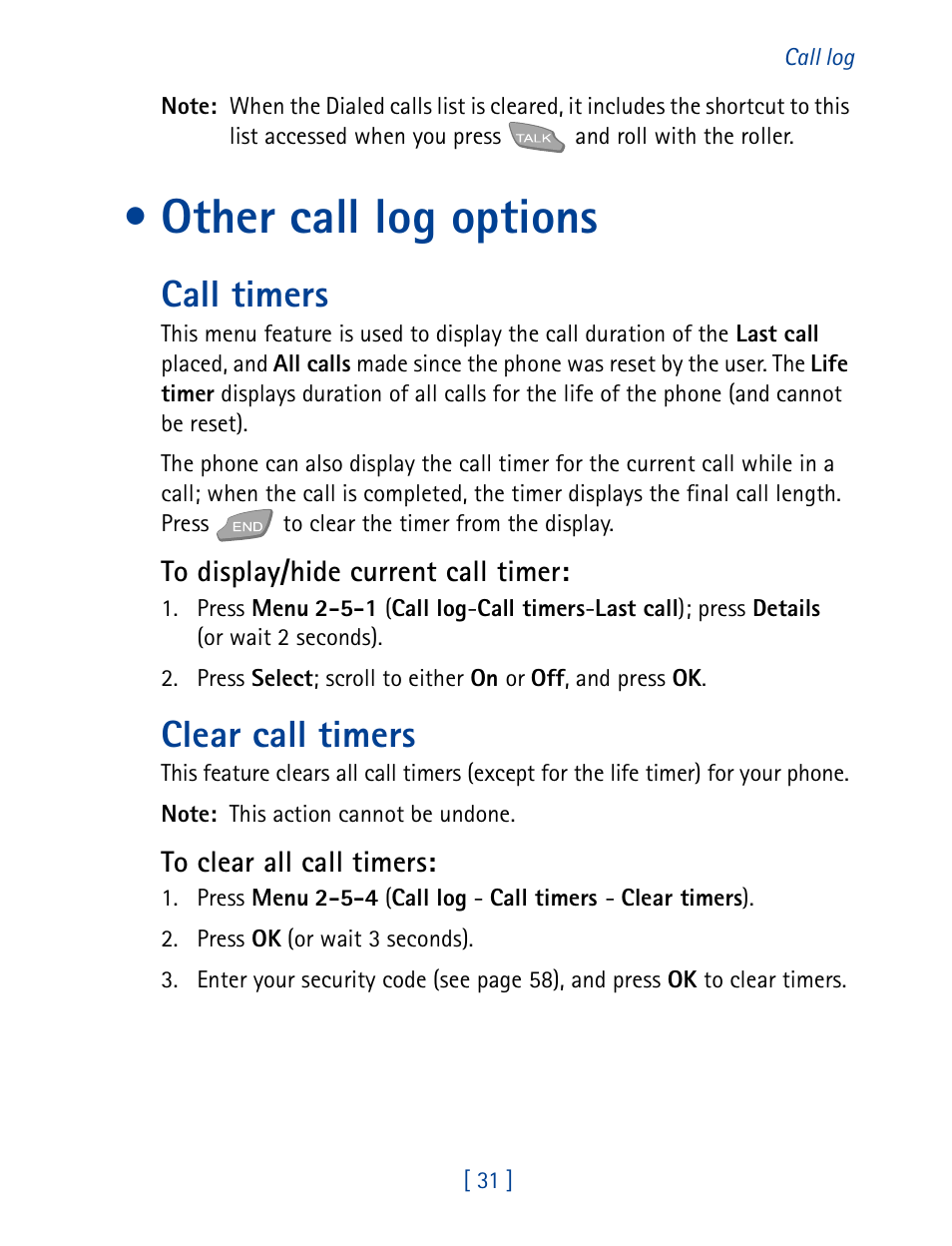 Other call log options, Call timers, Clear call timers | Call timers clear call timers | Nokia 7160 User Manual | Page 42 / 141