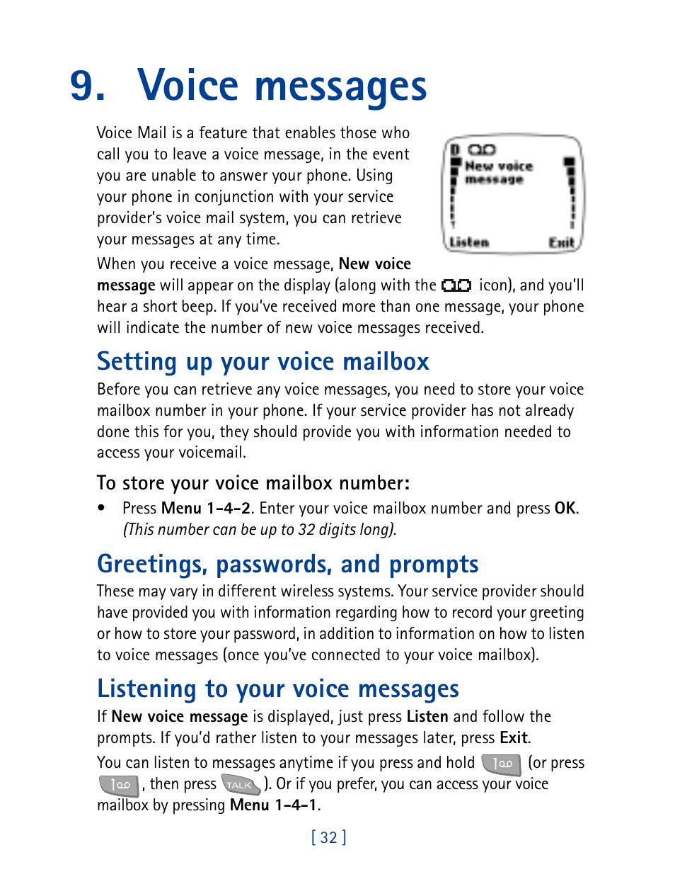 Voice messages, Setting up your voice mailbox, Greetings, passwords, and prompts | Listening to your voice messages | Nokia 7160 User Manual | Page 43 / 141