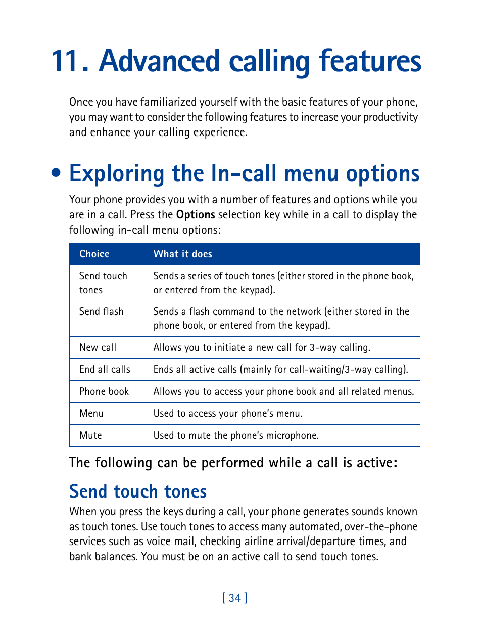 Advanced calling features, Exploring the in-call menu options, Send touch tones | Nokia 7160 User Manual | Page 45 / 141