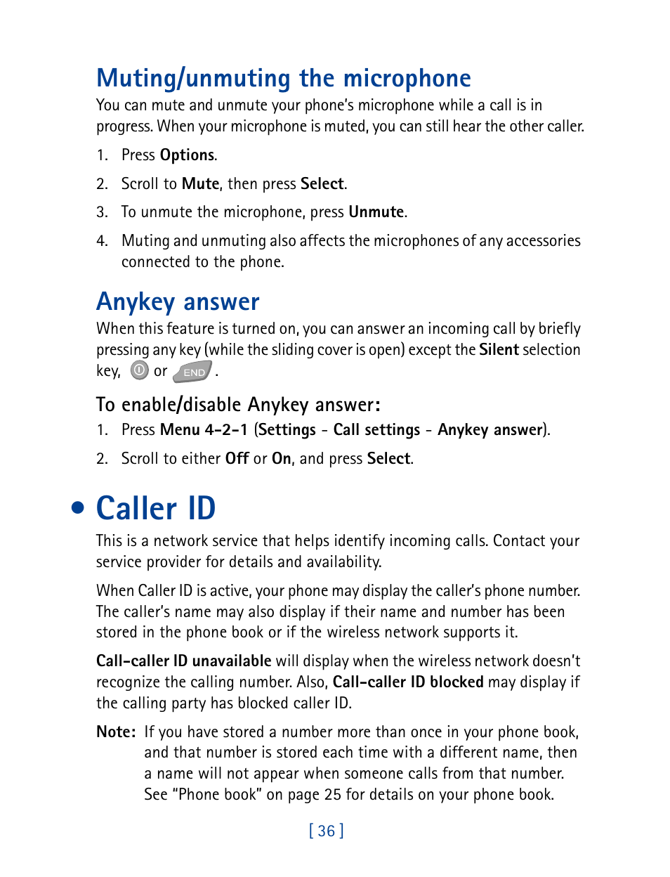 Muting/unmuting the microphone, Anykey answer, Caller id | Muting/unmuting the microphone anykey answer | Nokia 7160 User Manual | Page 47 / 141