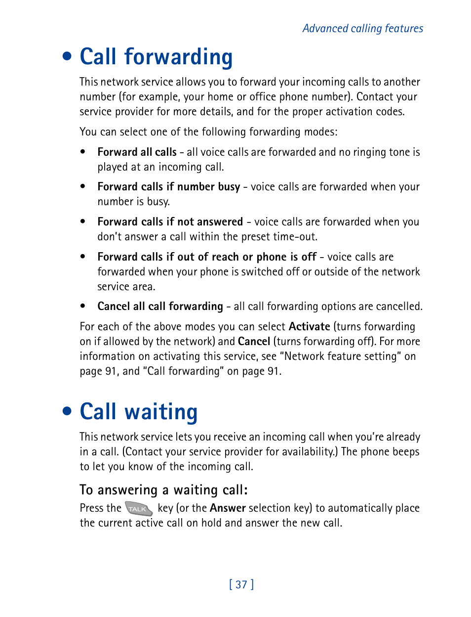 Call forwarding, Call waiting | Nokia 7160 User Manual | Page 48 / 141