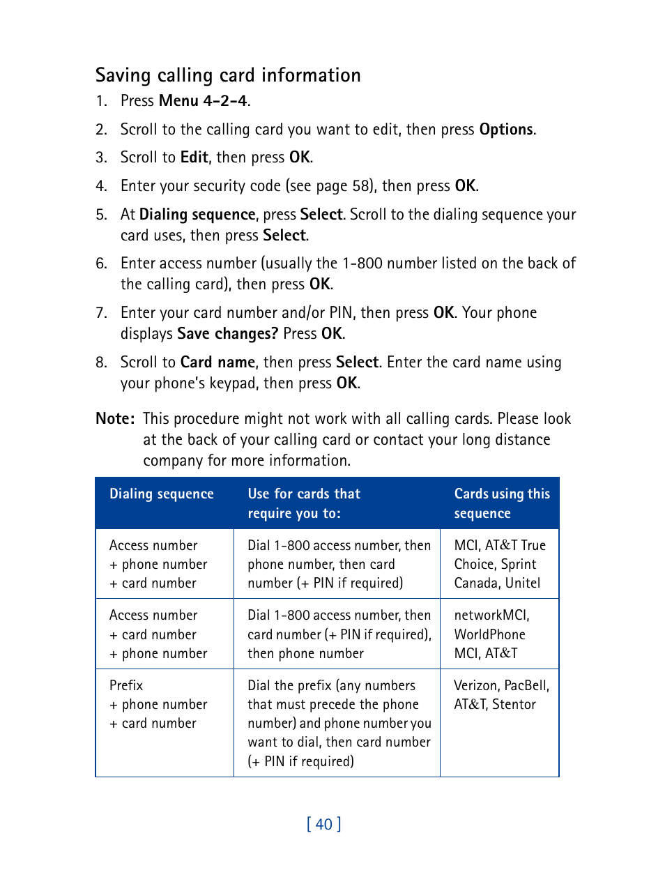 Saving calling card information | Nokia 7160 User Manual | Page 51 / 141