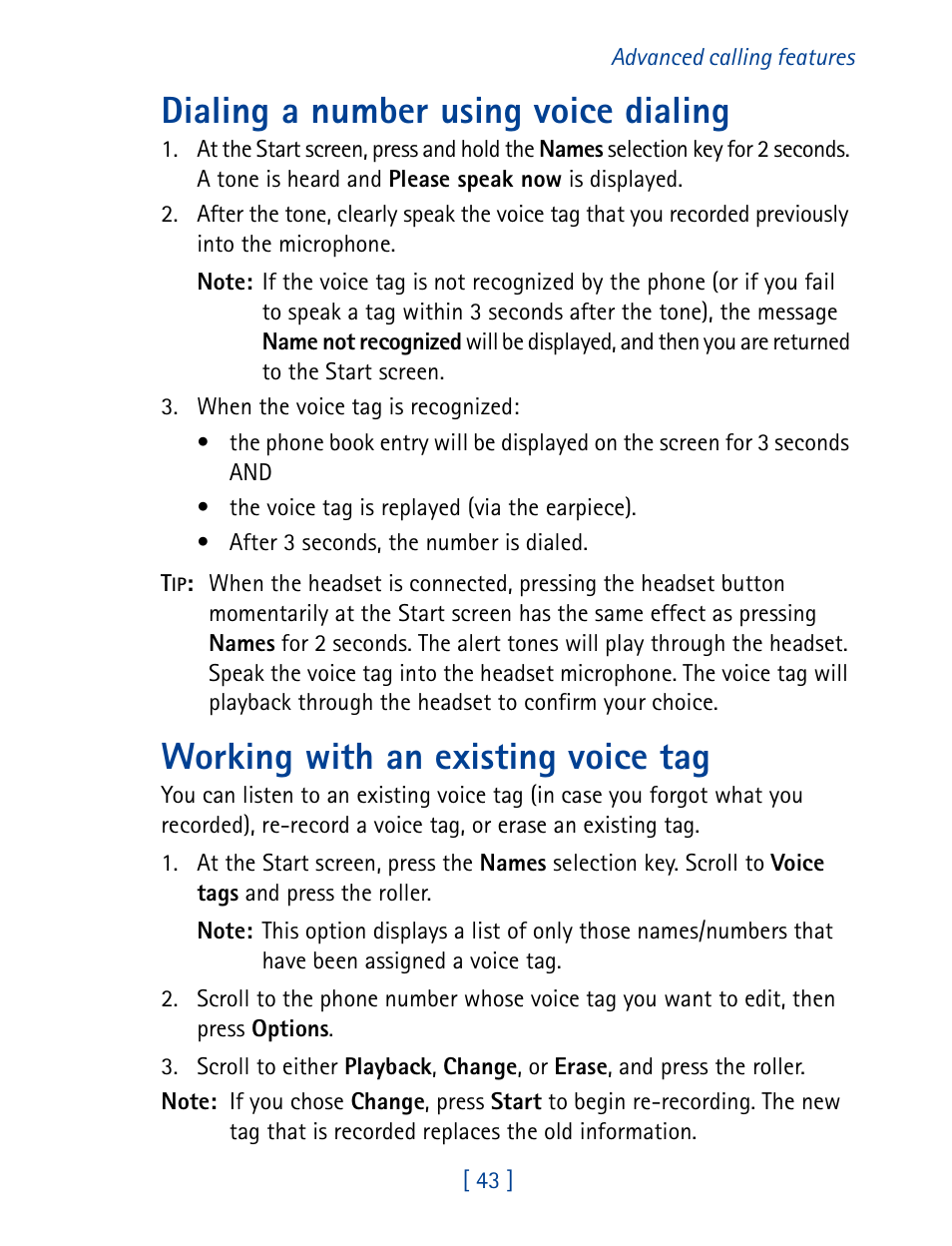 Dialing a number using voice dialing, Working with an existing voice tag | Nokia 7160 User Manual | Page 54 / 141