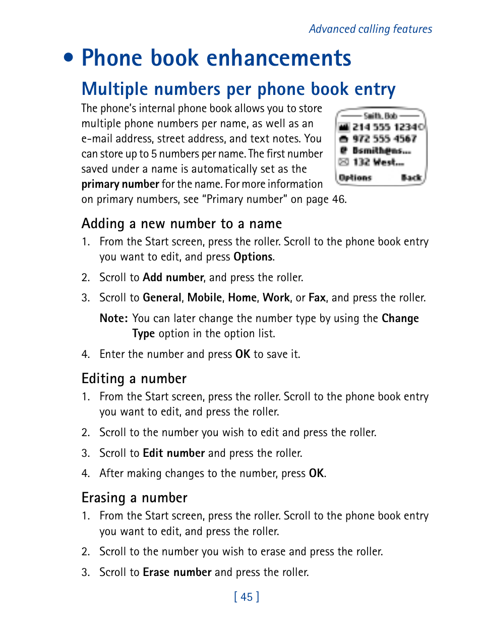 Phone book enhancements, Multiple numbers per phone book entry | Nokia 7160 User Manual | Page 56 / 141