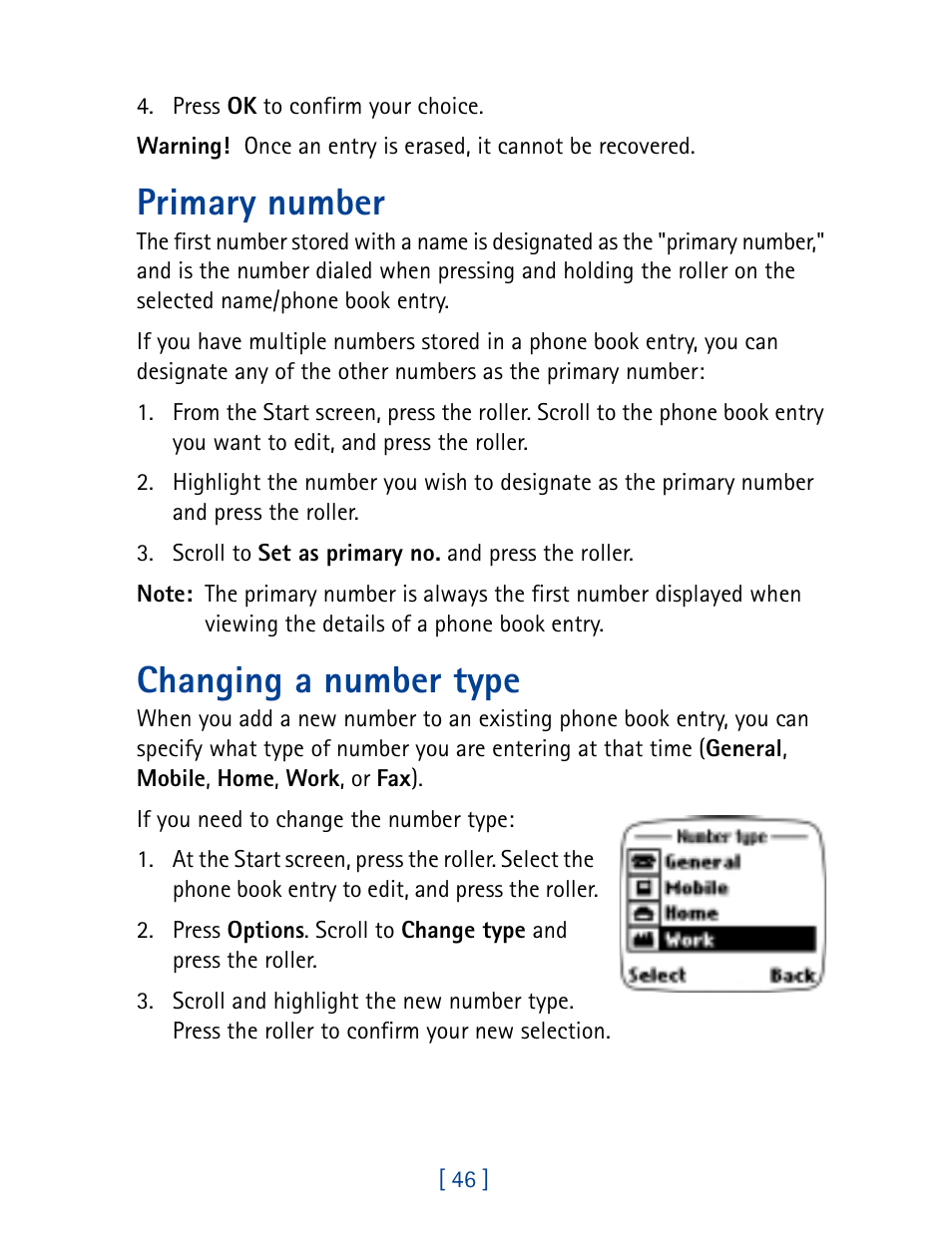 Primary number, Changing a number type, Primary number changing a number type | Nokia 7160 User Manual | Page 57 / 141