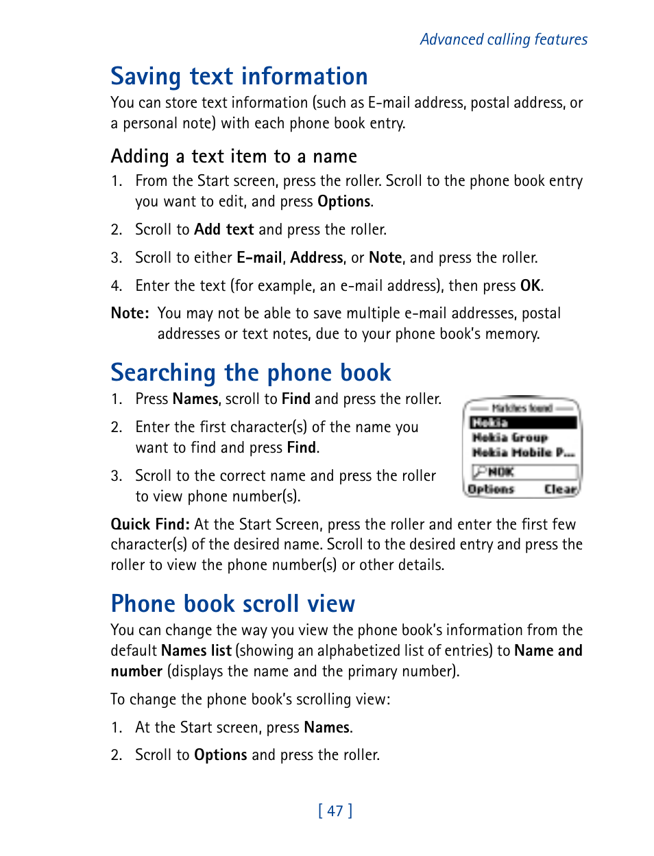 Saving text information, Searching the phone book, Phone book scroll view | Nokia 7160 User Manual | Page 58 / 141