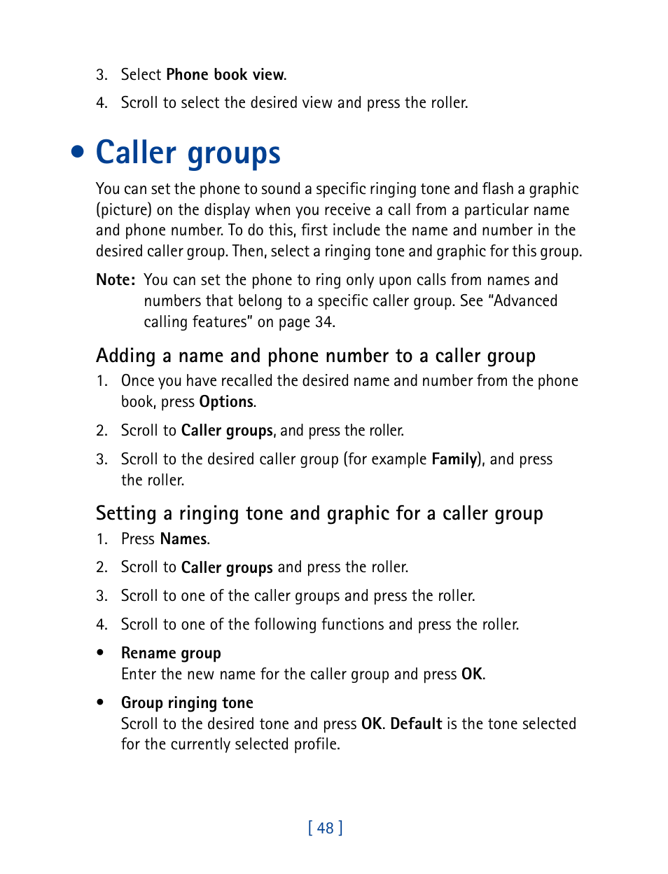 Caller groups, Adding a name and phone number to a caller group | Nokia 7160 User Manual | Page 59 / 141