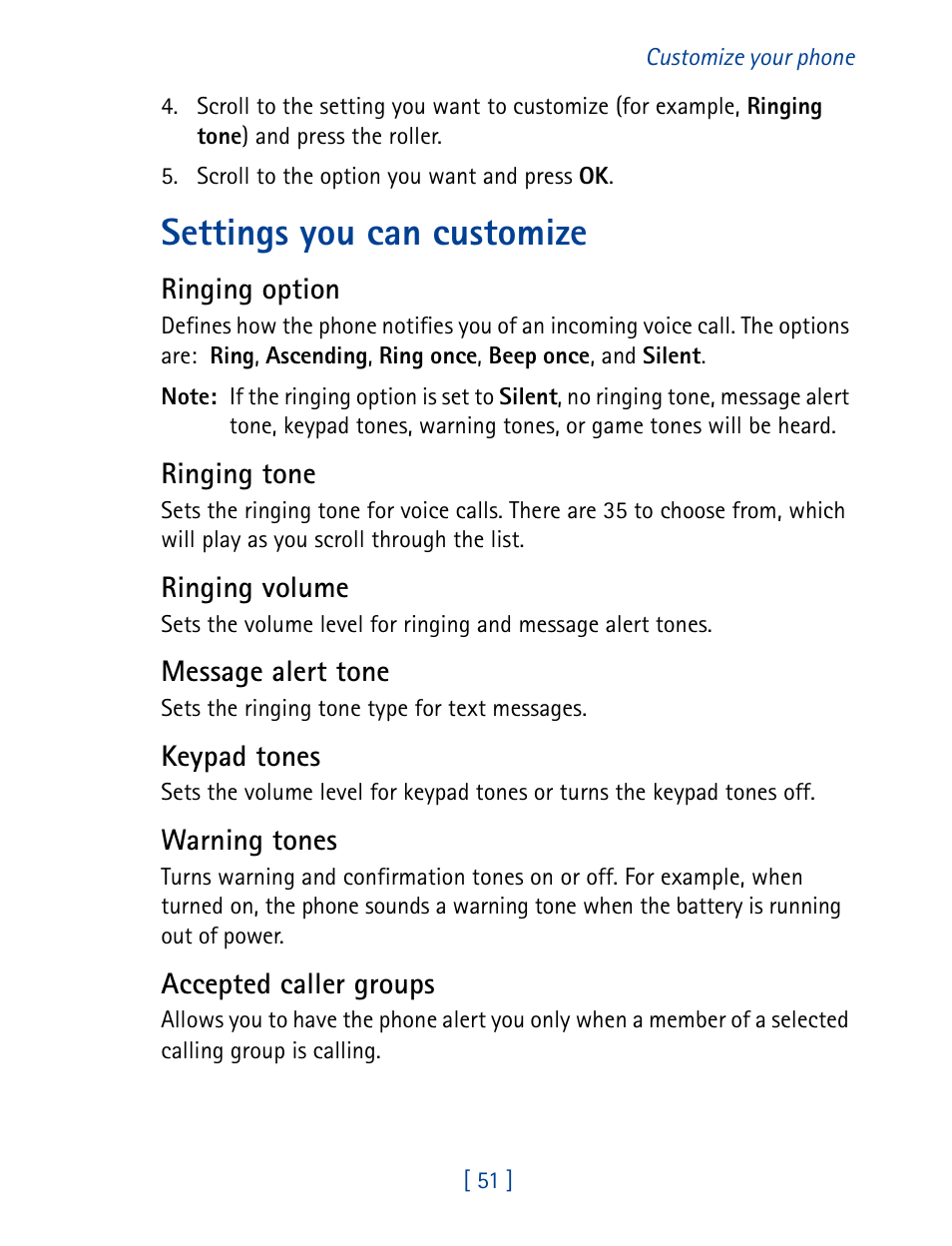 Settings you can customize | Nokia 7160 User Manual | Page 62 / 141