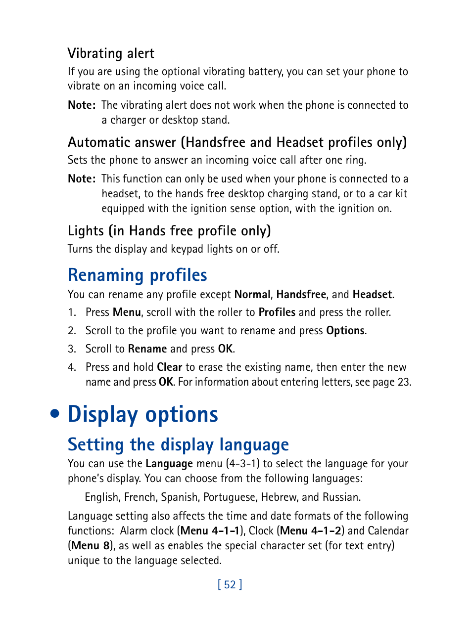 Renaming profiles, Display options, Setting the display language | Nokia 7160 User Manual | Page 63 / 141