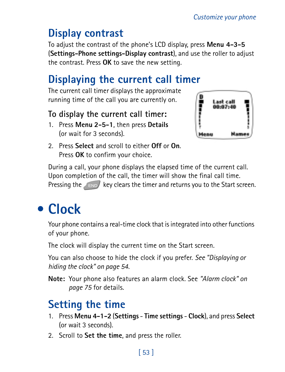 Display contrast, Displaying the current call timer, Clock | Setting the time, Display contrast displaying the current call timer | Nokia 7160 User Manual | Page 64 / 141