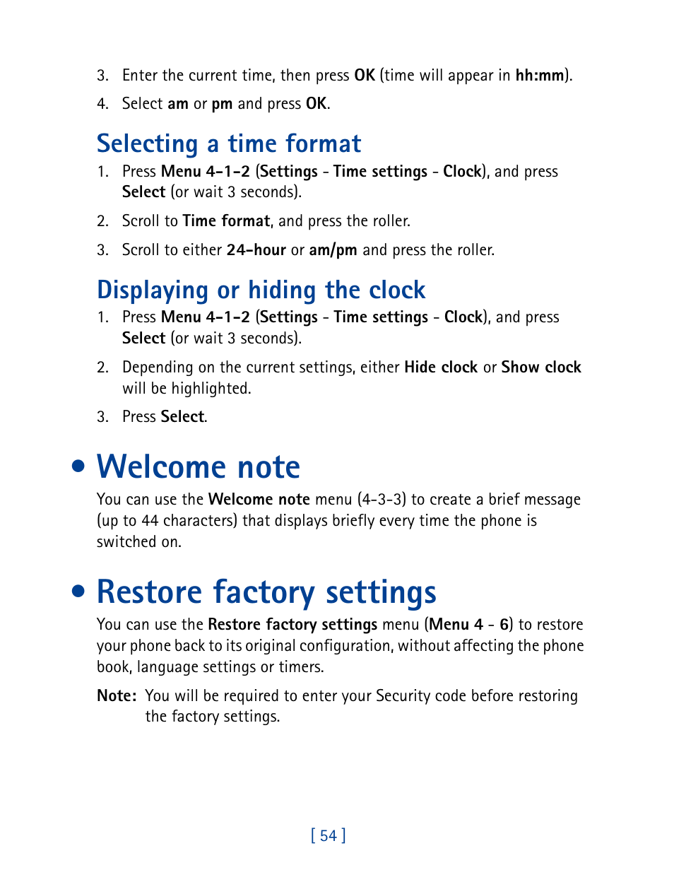 Selecting a time format, Displaying or hiding the clock, Welcome note | Restore factory settings, Contact manager | Nokia 7160 User Manual | Page 65 / 141