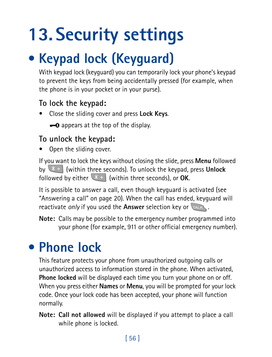 Security settings, Keypad lock (keyguard), Phone lock | Nokia 7160 User Manual | Page 67 / 141