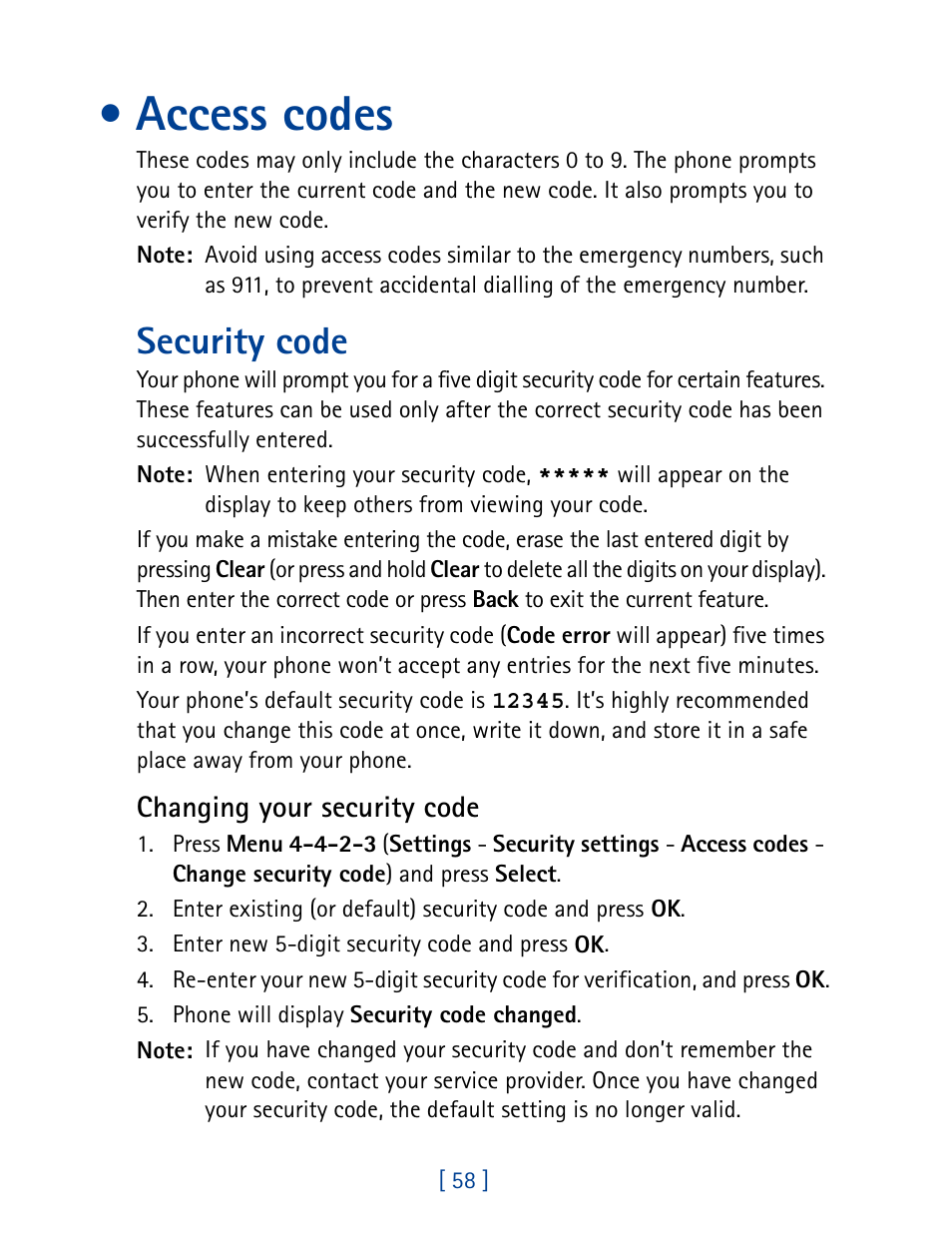 Access codes, Security code | Nokia 7160 User Manual | Page 69 / 141