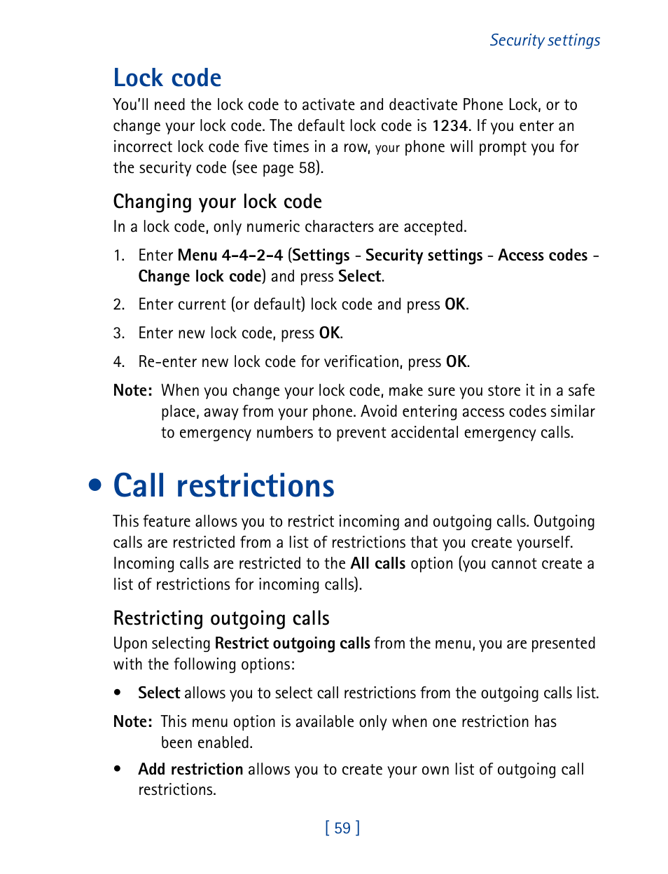 Lock code, Call restrictions | Nokia 7160 User Manual | Page 70 / 141