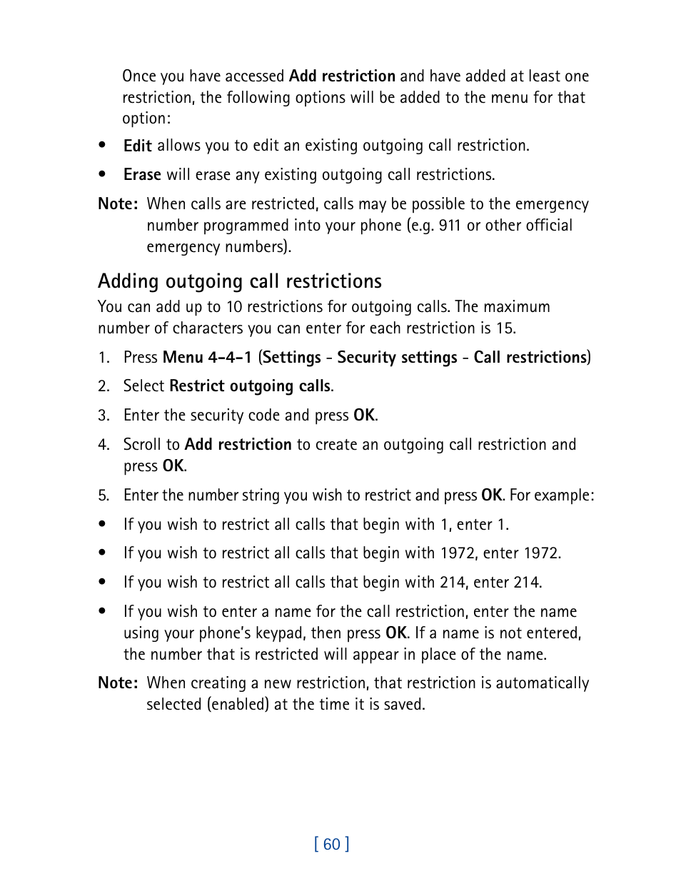 Adding outgoing call restrictions | Nokia 7160 User Manual | Page 71 / 141