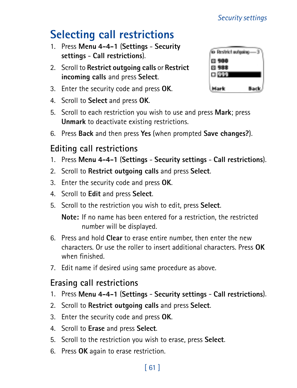 Selecting call restrictions, Editing call restrictions, Erasing call restrictions | Nokia 7160 User Manual | Page 72 / 141