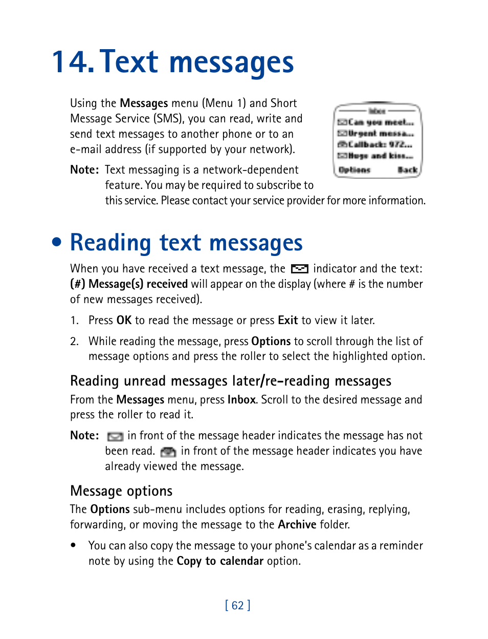 Text messages, Reading text messages | Nokia 7160 User Manual | Page 73 / 141