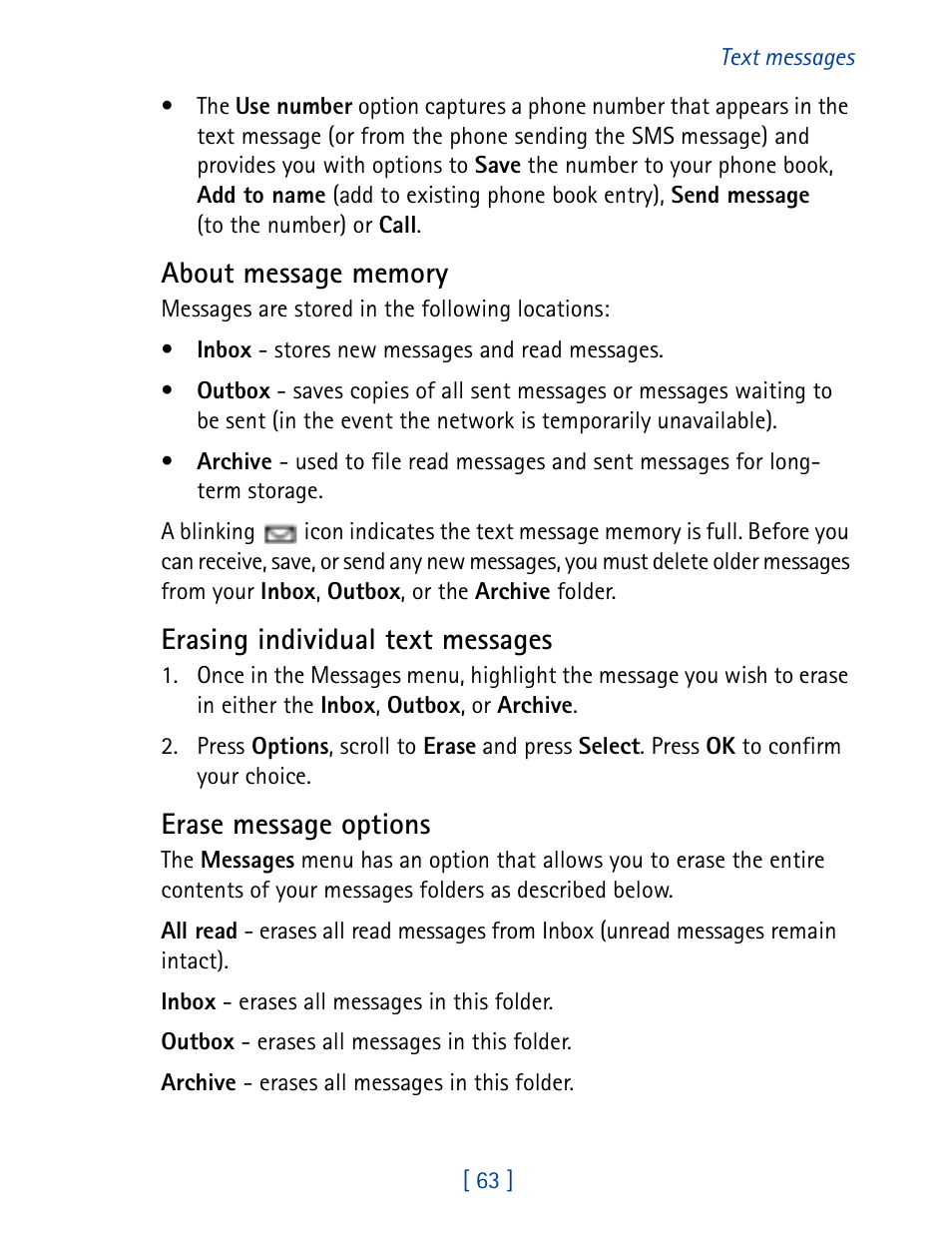 Erasing individual text messages, Erase message options | Nokia 7160 User Manual | Page 74 / 141