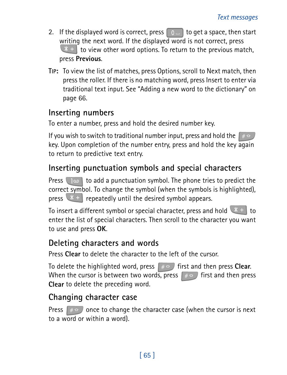 Inserting numbers, Deleting characters and words, Changing character case | Nokia 7160 User Manual | Page 76 / 141