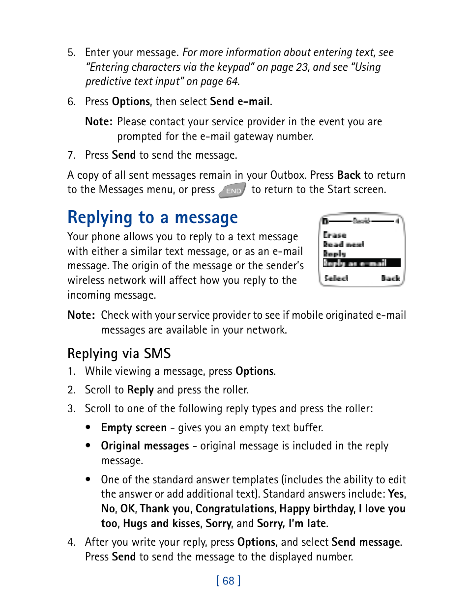 Replying to a message, Replying via sms | Nokia 7160 User Manual | Page 79 / 141