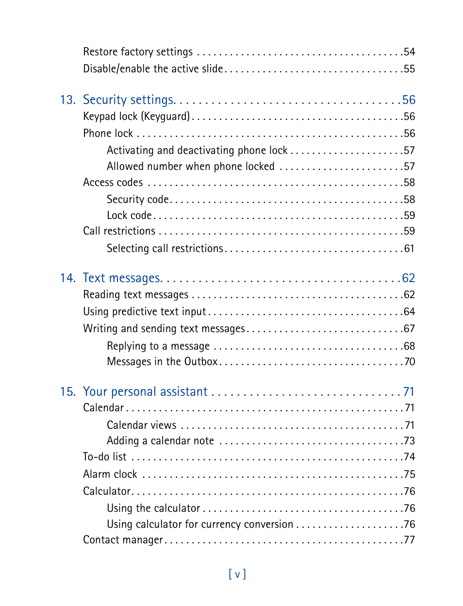 Security settings, Text messages, Your personal assistant | Nokia 7160 User Manual | Page 8 / 141